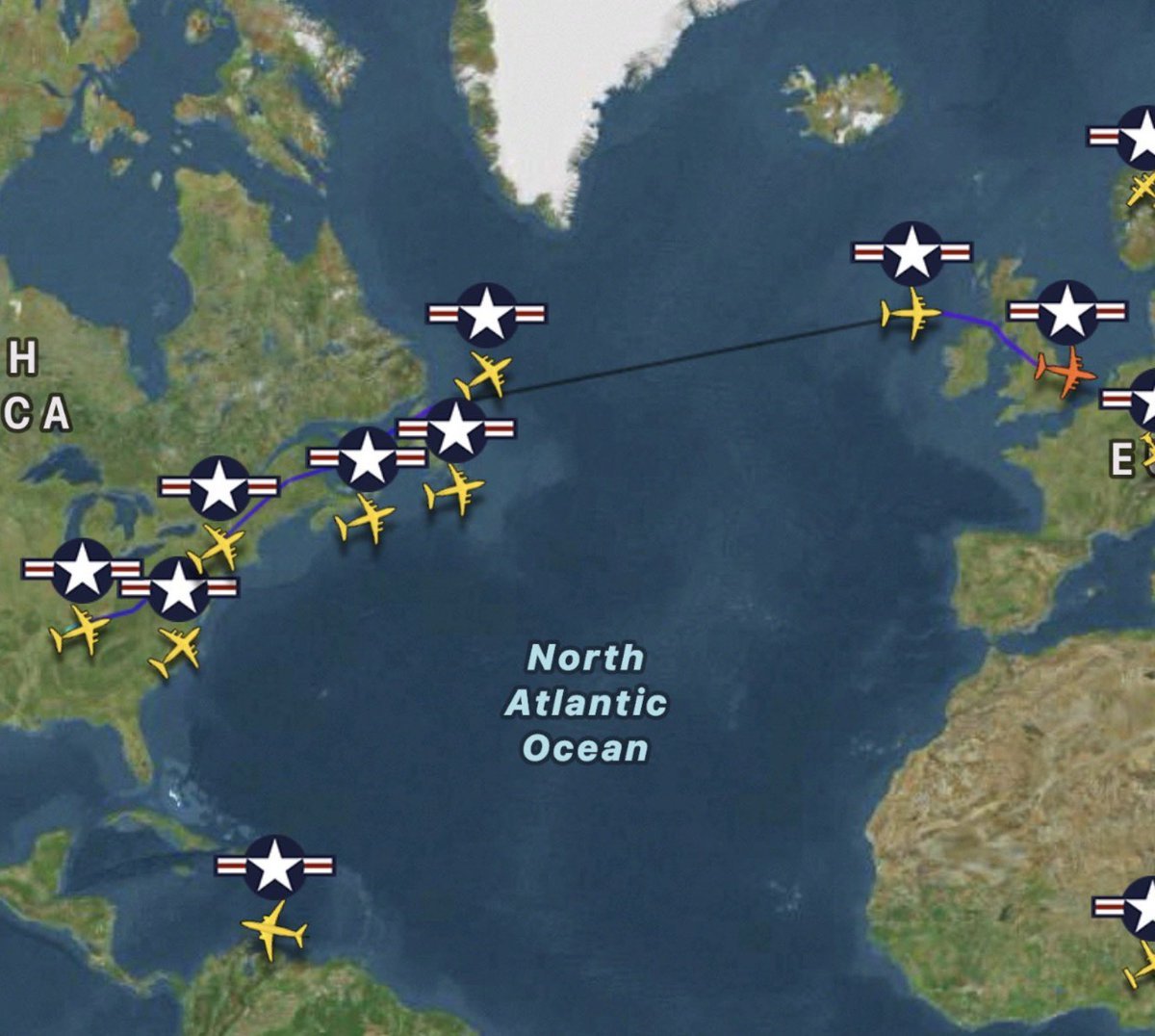 แผนที่แสดงเครื่องบินขนส่งทางทหาร C-17 ของสหรัฐฯ 8 ลำที่กำลังเคลื่อนที่ข้ามมหาสมุทรแอตแลนติก
