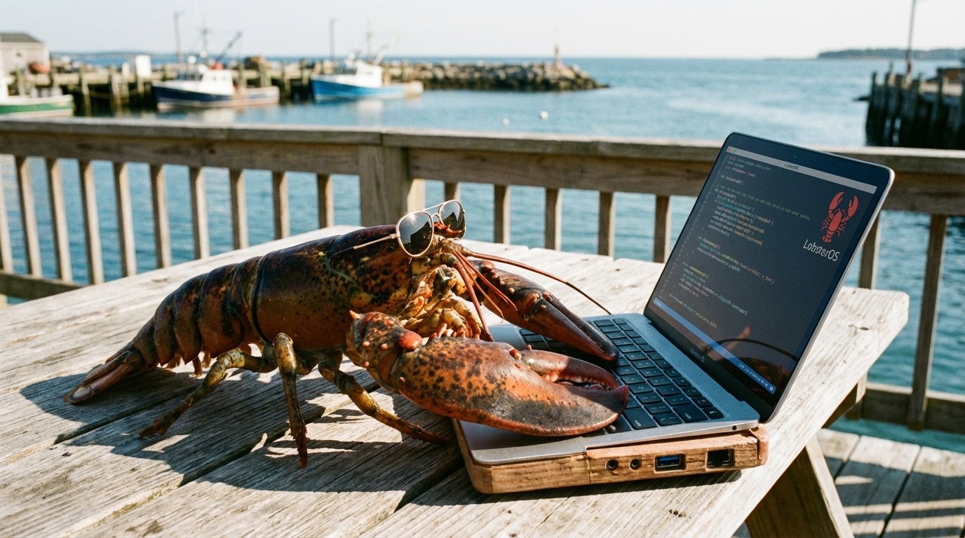a realistic photo of a red lobster wearing sun glasses and typing on his computer