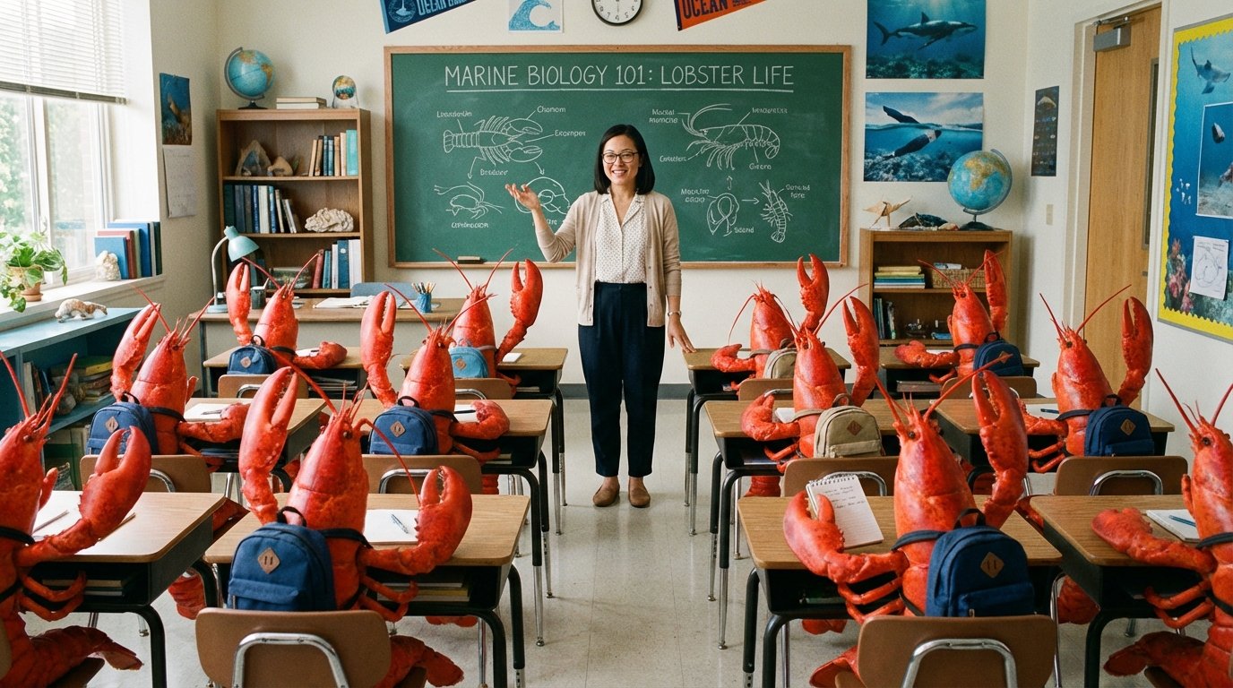 an asian human teacher teaching many red lobster students in a classroom