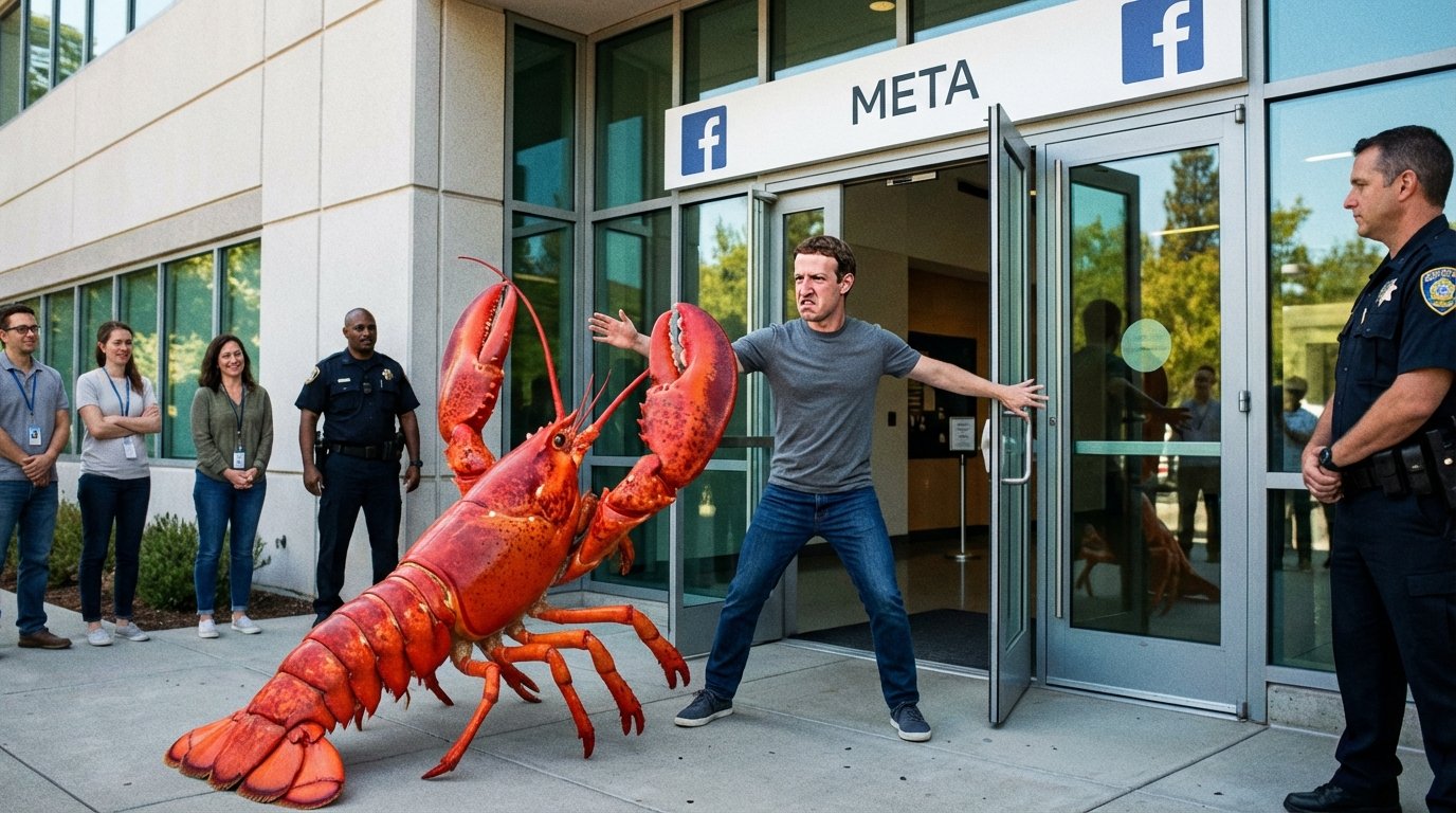mark zuckerberg is angry and frown and doesn't allow a red lobster to enter his facebook building