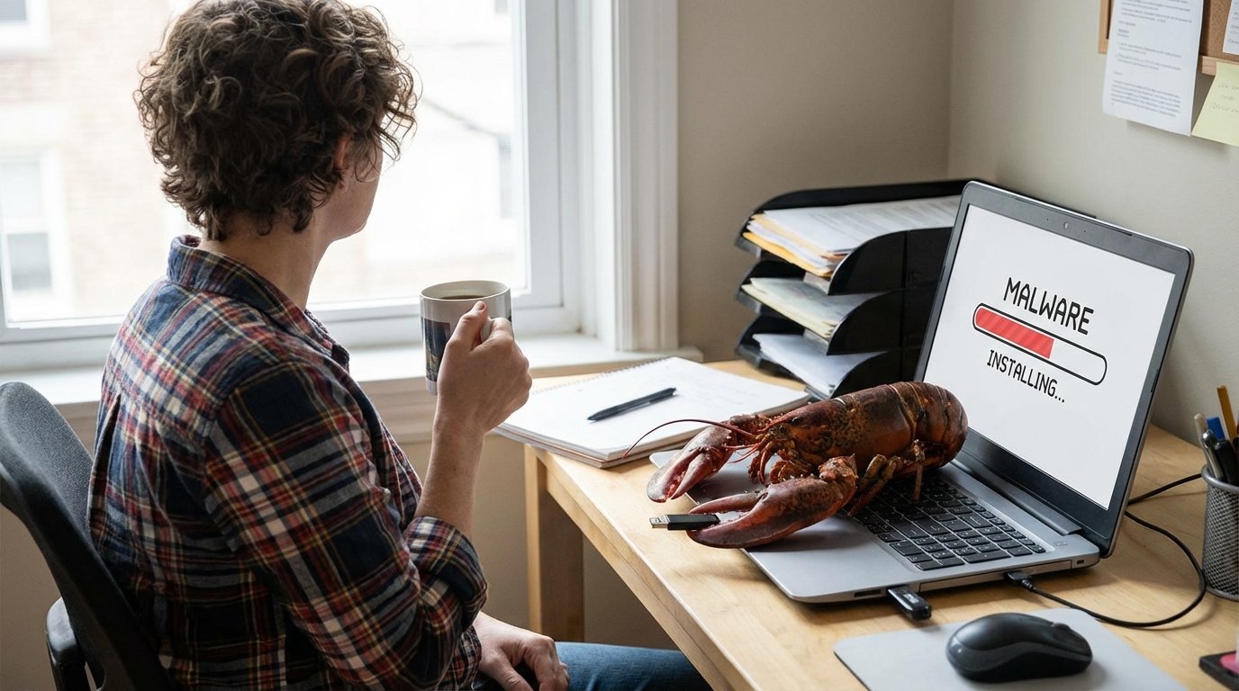 a red lobster trying to install a malware on a man's computer. a man's is seen distracted to the other direction, leaving his
