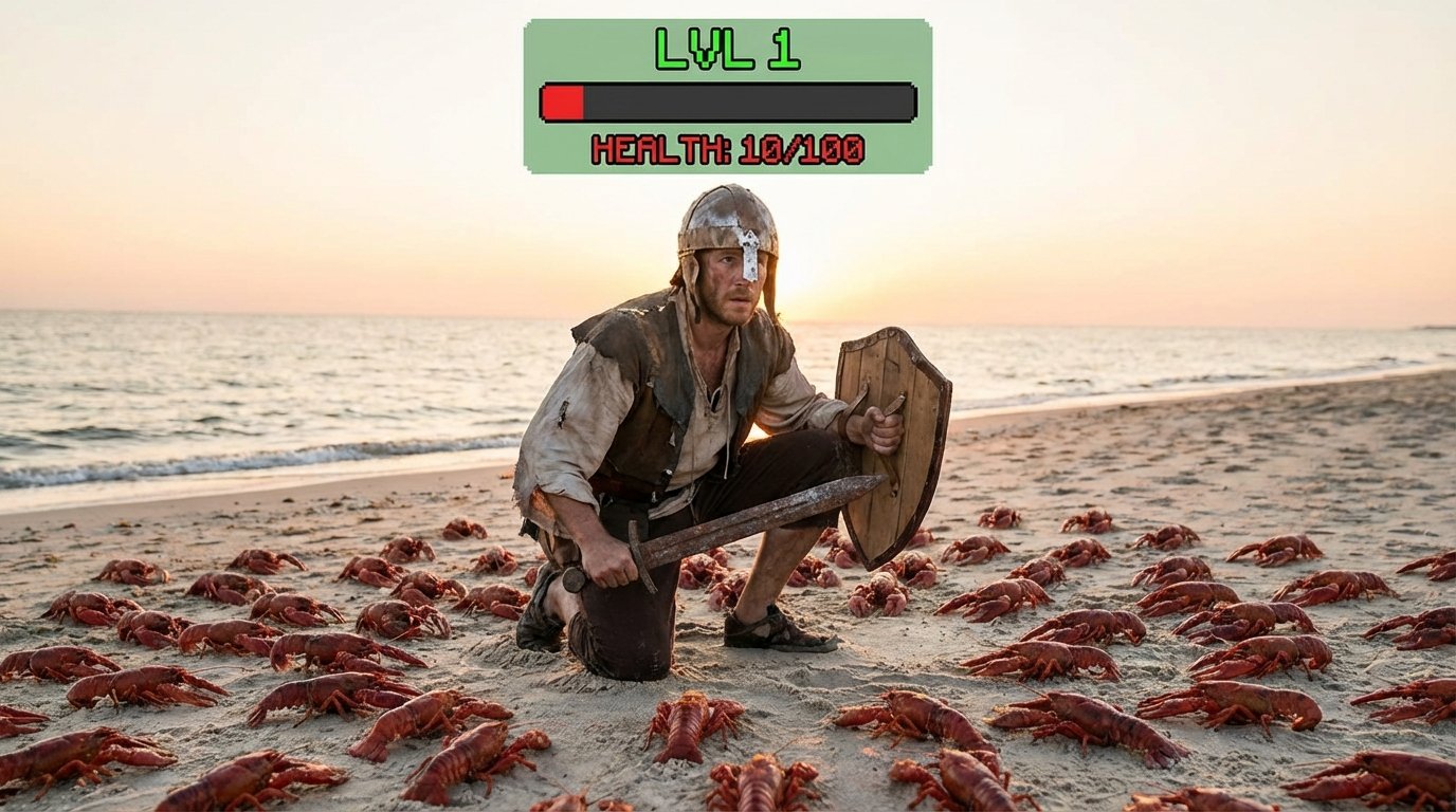 a level 1 man fighting many red lobsters on the beach. he has a level 1 indicator and a health bar on top of him. he's using