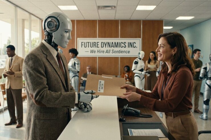 a robot submitting a job application to a human at a company
