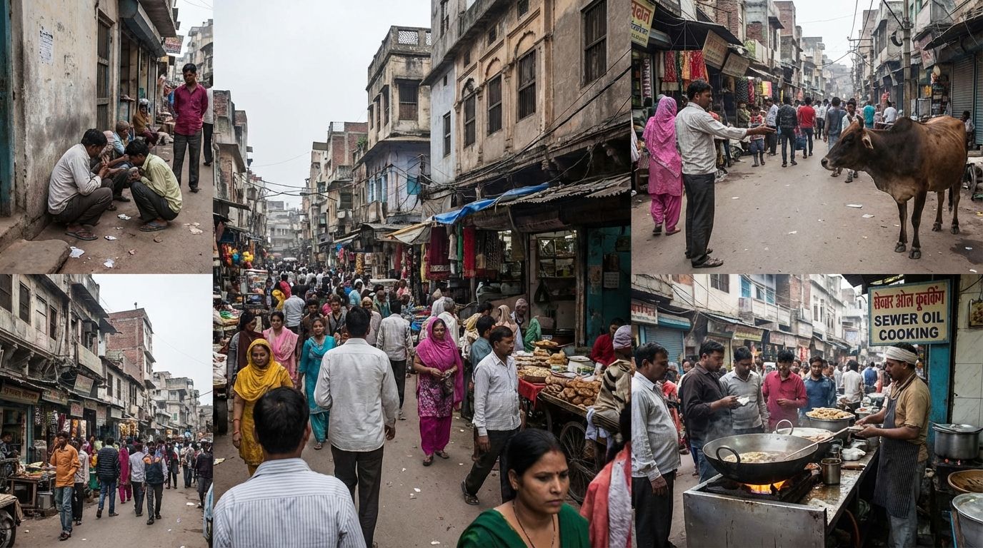 a photo of a realistic india street where people are taking a dump on street, some people eat cow dungs, some people use sewe