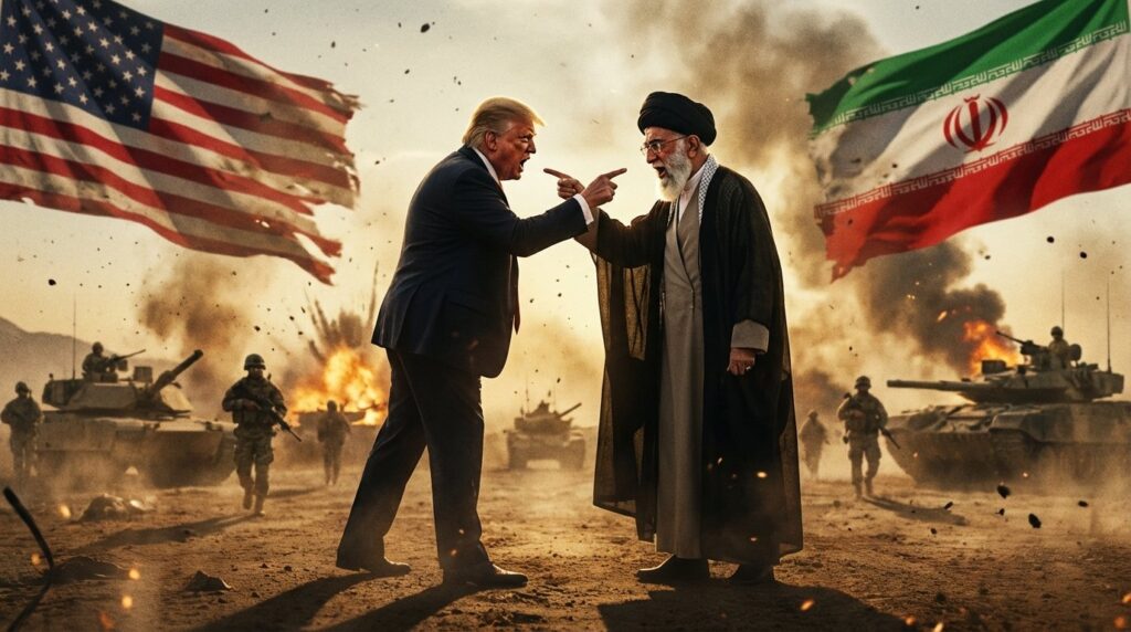 ทรัมป์เปิดศึกกับผู้นำอิหร่าน สงครามอิหร่าน สหรัฐ ชี้นิ้วใส่หน้ากันพร้อมสู้กัน realistic cinematic สมคำตาต่อตาฟันต่อฟัน เงาก