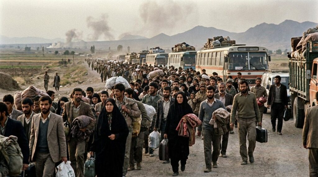 ประชาชนอิหร่านอพยพขนของย้ายออกหนีสงคราม realistic cinematic