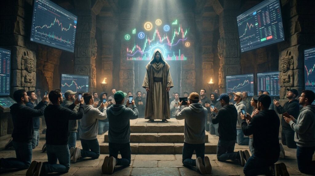 สร้างภาพ เหล่านักเทรดคริปโตไหว้ คริปโตโบรปริศนา ที่ทำนายราคาพร้อมออร่าบนหัว realistic cinematic