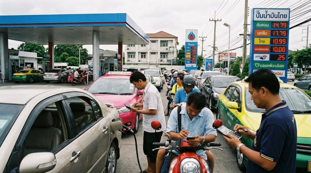 ภาพประชาชนคนไทยคำนวณค่าใช้จ่ายพร้อมขับรถไปจ่อคิวเติมน้ำมันที่ปั๊ม