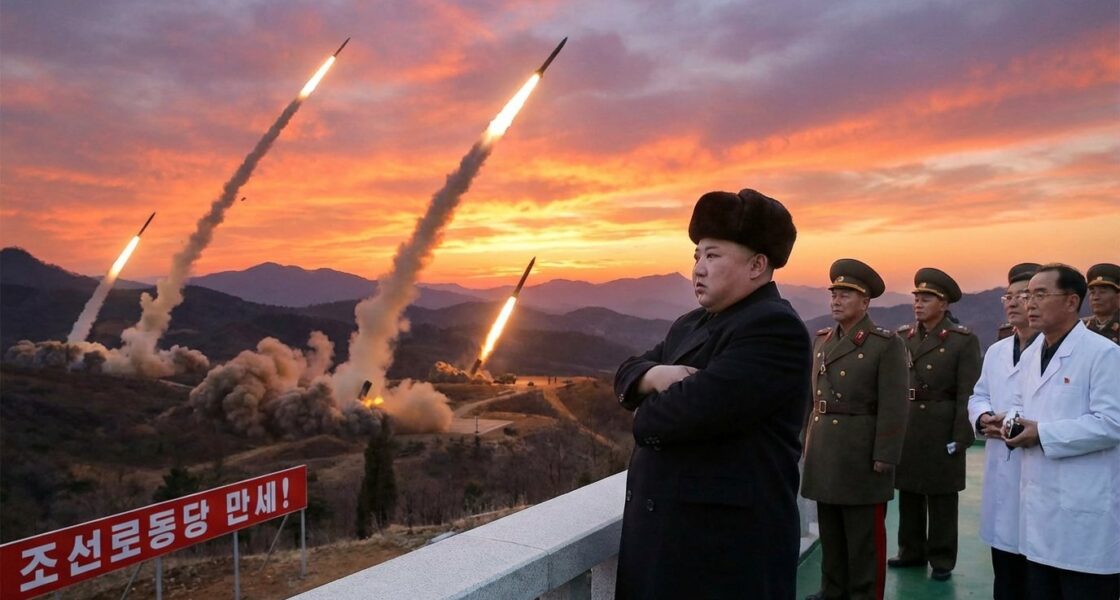 ผู้นำเกาหลีเหนือยืนกอดอกแล้วมีขีปนาวุธถูกยิงขึ้นฟ้าหลายลูก