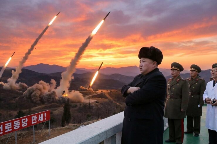 ผู้นำเกาหลีเหนือยืนกอดอกแล้วมีขีปนาวุธถูกยิงขึ้นฟ้าหลายลูก