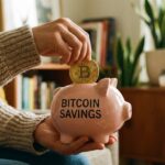 คนกำลังหยอดเหรียญ Bitcoin ลงในกระปุกออกสิน โดยภาพเห็นแค่ช่วงมือถึงแขน ไม่ต้องเห็นหน้า