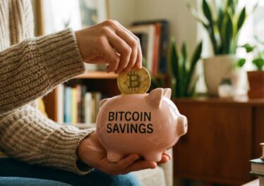 คนกำลังหยอดเหรียญ Bitcoin ลงในกระปุกออกสิน โดยภาพเห็นแค่ช่วงมือถึงแขน ไม่ต้องเห็นหน้า