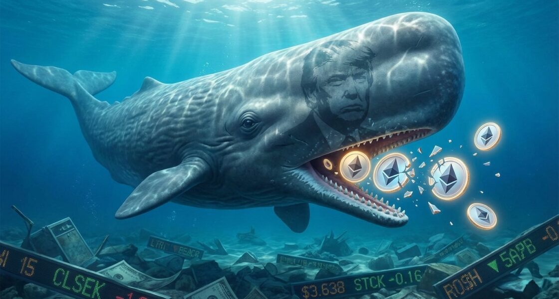 ปลาวาฬที่มีเงาของ Donald Trump ลาง ๆ กำลังไล่กิน Icon ของเหรียญ Ethereum