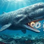 ปลาวาฬที่มีเงาของ Donald Trump ลาง ๆ กำลังไล่กิน Icon ของเหรียญ Ethereum