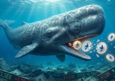 ปลาวาฬที่มีเงาของ Donald Trump ลาง ๆ กำลังไล่กิน Icon ของเหรียญ Ethereum