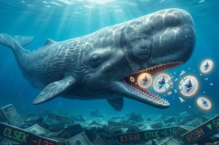 ปลาวาฬที่มีเงาของ Donald Trump ลาง ๆ กำลังไล่กิน Icon ของเหรียญ Ethereum