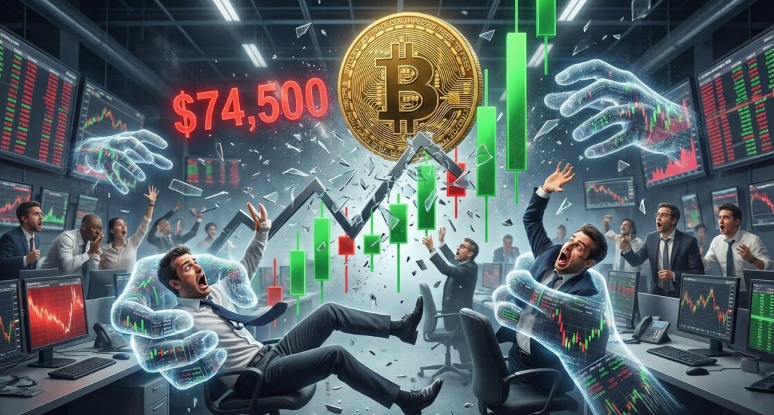 เหรียญ Bitcoin กำลังพุ่งทะลุแนวต้านอย่างรุนแรง กราฟแท่งเทียนสีเขียวพุ่งขึ้นสูง เทรดเดอร์ฝั่ง Short กำลังตกใจเหมือนถูกบีบสถานะ