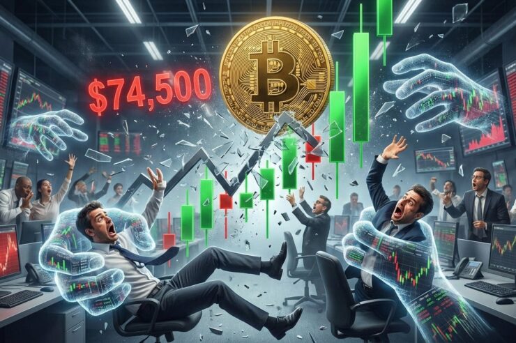 เหรียญ Bitcoin กำลังพุ่งทะลุแนวต้านอย่างรุนแรง กราฟแท่งเทียนสีเขียวพุ่งขึ้นสูง เทรดเดอร์ฝั่ง Short กำลังตกใจเหมือนถูกบีบสถานะ