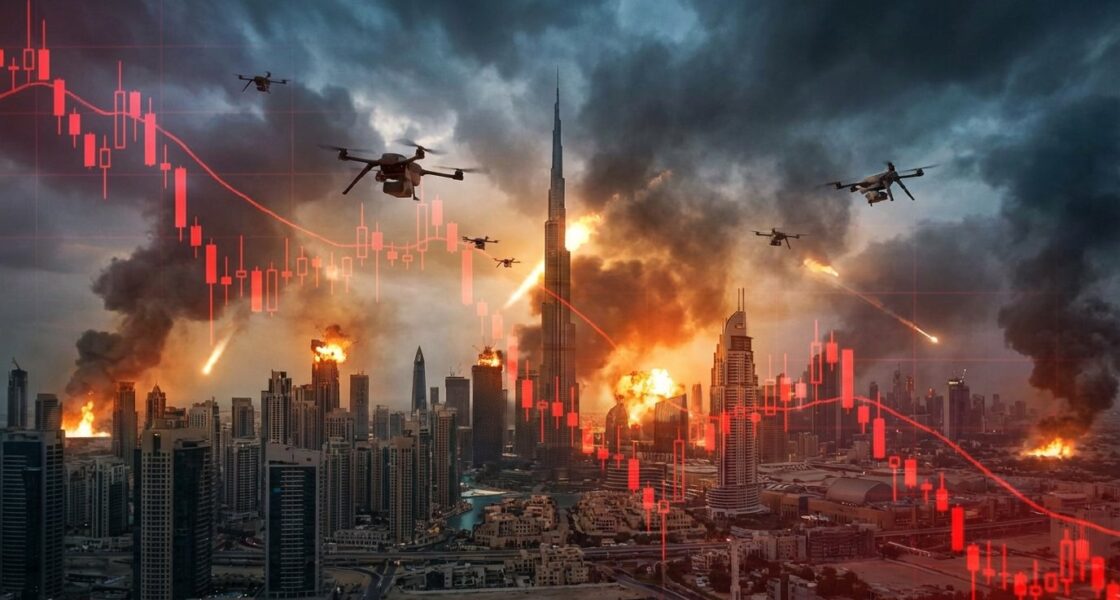 เมืองดูไบกำลังเผชิญความตึงเครียดจากสงคราม มีโดรนบินเหนือ skyline ดูไบ ฉากหลังมีควันและแสงไฟจากการโจมตี กราฟตลาดสีแดงจาง ๆ ร่ว