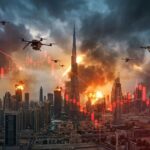 เมืองดูไบกำลังเผชิญความตึงเครียดจากสงคราม มีโดรนบินเหนือ skyline ดูไบ ฉากหลังมีควันและแสงไฟจากการโจมตี กราฟตลาดสีแดงจาง ๆ ร่ว