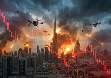 เมืองดูไบกำลังเผชิญความตึงเครียดจากสงคราม มีโดรนบินเหนือ skyline ดูไบ ฉากหลังมีควันและแสงไฟจากการโจมตี กราฟตลาดสีแดงจาง ๆ ร่ว