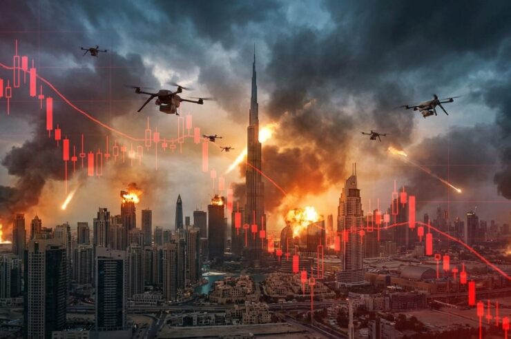 เมืองดูไบกำลังเผชิญความตึงเครียดจากสงคราม มีโดรนบินเหนือ skyline ดูไบ ฉากหลังมีควันและแสงไฟจากการโจมตี กราฟตลาดสีแดงจาง ๆ ร่ว