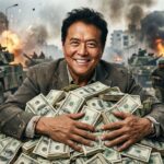 Robert Kiyosaki กำลังยืนกอดเงินดอลลาร์จำนวนมาก ท่ามกลางสงครามในพื้นหลัง โดยมีท่าทางมั่นใจ