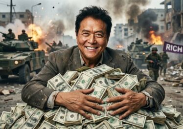 Robert Kiyosaki กำลังยืนกอดเงินดอลลาร์จำนวนมาก ท่ามกลางสงครามในพื้นหลัง โดยมีท่าทางมั่นใจ