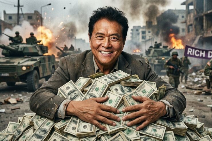 Robert Kiyosaki กำลังยืนกอดเงินดอลลาร์จำนวนมาก ท่ามกลางสงครามในพื้นหลัง โดยมีท่าทางมั่นใจ