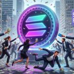 นักลงทุนกำลังวิ่งหาเหรียญ Icon Solana ขนาดใหญ่อย่างภาพ โดยแต่ละคนกำลังวิ่งถือเงินมายื่นให้ เหมือนกับว่าต้องการจะซื้อมัน