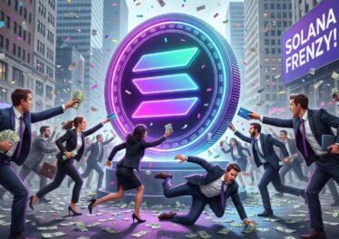 นักลงทุนกำลังวิ่งหาเหรียญ Icon Solana ขนาดใหญ่อย่างภาพ โดยแต่ละคนกำลังวิ่งถือเงินมายื่นให้ เหมือนกับว่าต้องการจะซื้อมัน