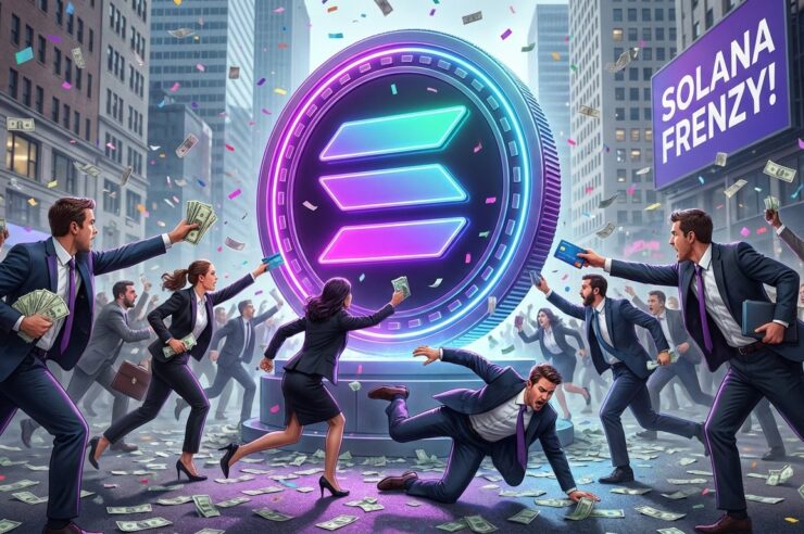 นักลงทุนกำลังวิ่งหาเหรียญ Icon Solana ขนาดใหญ่อย่างภาพ โดยแต่ละคนกำลังวิ่งถือเงินมายื่นให้ เหมือนกับว่าต้องการจะซื้อมัน