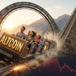 รถไฟเหาะที่เขียนว่า "Altcoin" กำลังอยู่ในจุดต่ำสุดของรางแล้วกำลังจะพุ่งขึ้นอย่างรุนแรง