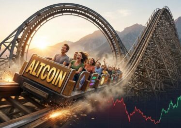 รถไฟเหาะที่เขียนว่า "Altcoin" กำลังอยู่ในจุดต่ำสุดของรางแล้วกำลังจะพุ่งขึ้นอย่างรุนแรง