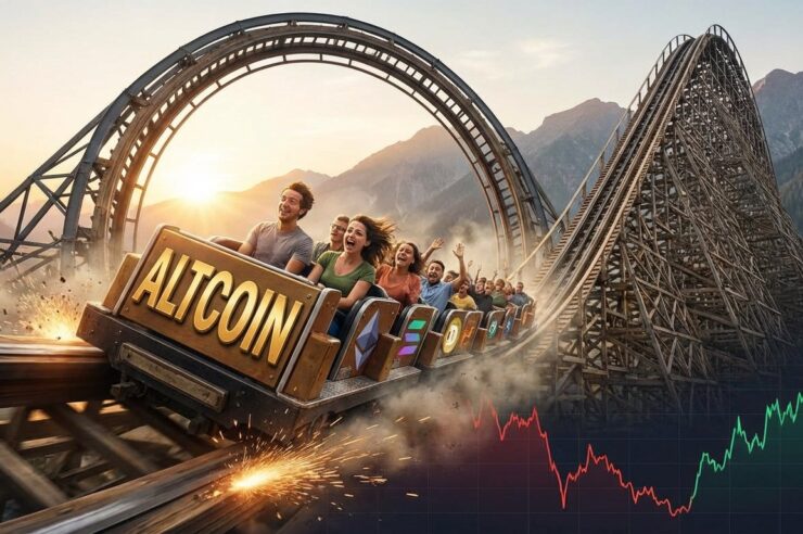 รถไฟเหาะที่เขียนว่า "Altcoin" กำลังอยู่ในจุดต่ำสุดของรางแล้วกำลังจะพุ่งขึ้นอย่างรุนแรง