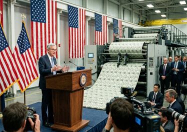 Jerome Powell ยืนพูดตรงโพเดียม พร้อมกับมีธงชาติสหรัฐแล้วเครื่องพิมพ์เงินอยู่ข้างหลัง