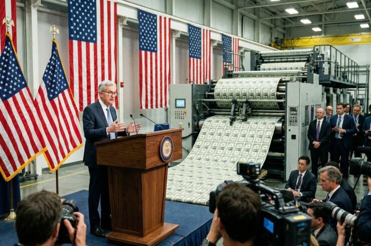 Jerome Powell ยืนพูดตรงโพเดียม พร้อมกับมีธงชาติสหรัฐแล้วเครื่องพิมพ์เงินอยู่ข้างหลัง