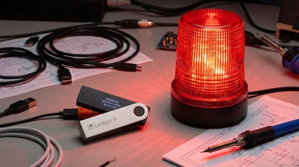 The image shows a Ledger device placed next to a red warning signal.