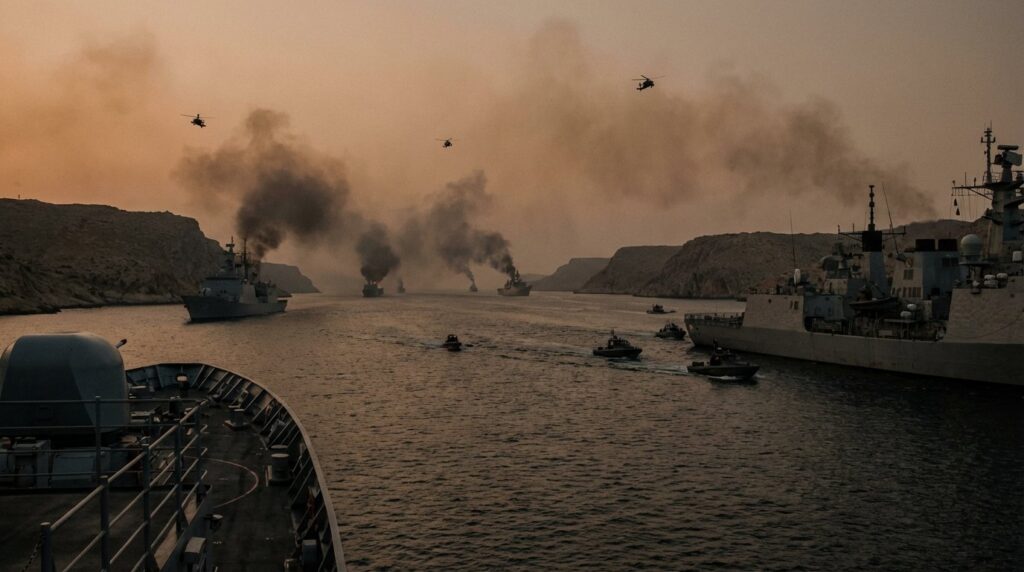 สงครามอิหร่านสหรัฐ ช่องแคบ เฮอร์มุช realistic cinematic no text