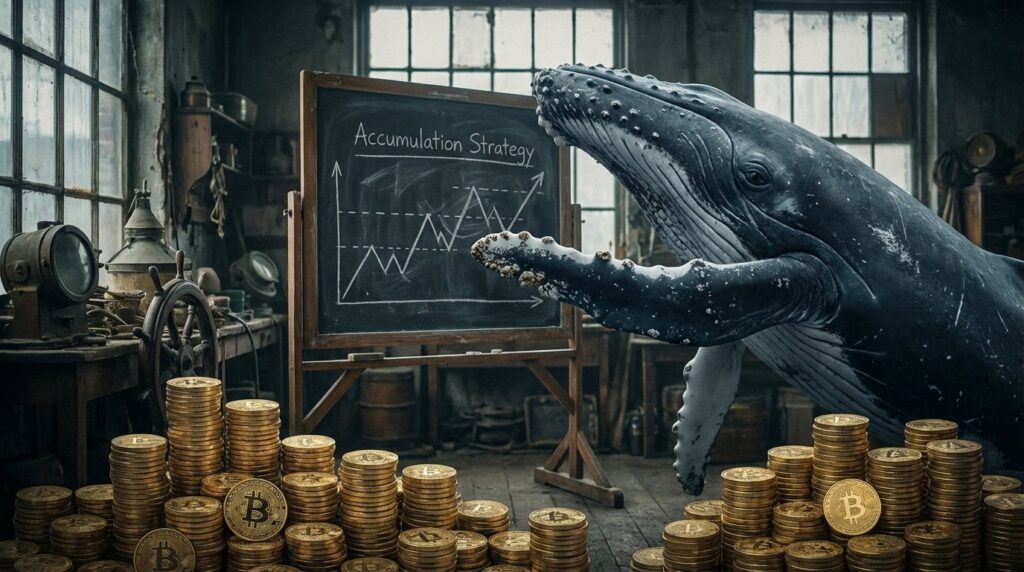 วาฬชี้กระดานเผยกลยุทธ์สะสม พร้อมกองบิทคอยน์ realistic cinematic no text.