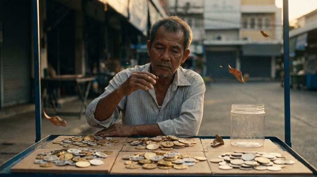 พ่อค้าขายเหรียญคริปโตนั่งตบยุงไร้เงาลูกค้า ที่แผงเหรียญวางเป็นแผงเหลือไม่มีป้ายไม่มีไร แผงตลาดคนขายหน้าตาให้คนไทยดูเข้าถึงได้