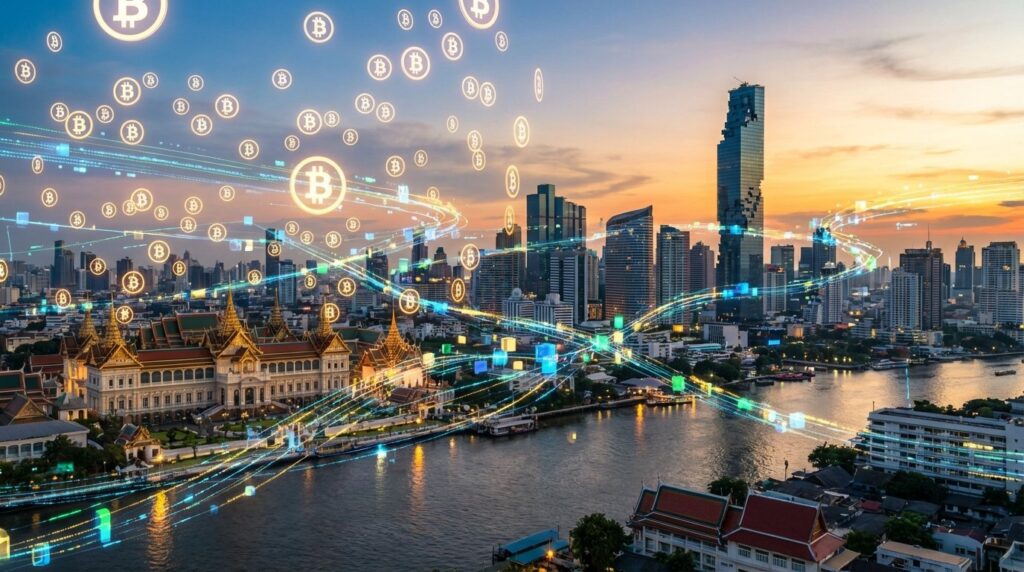 Bitcoin ลอยรอบๆเมืองไทยวิวกรุงเทพก็ได้ realistic cinematic ขอเอฟเฟคฟีลบลอคเชนสวยๆ