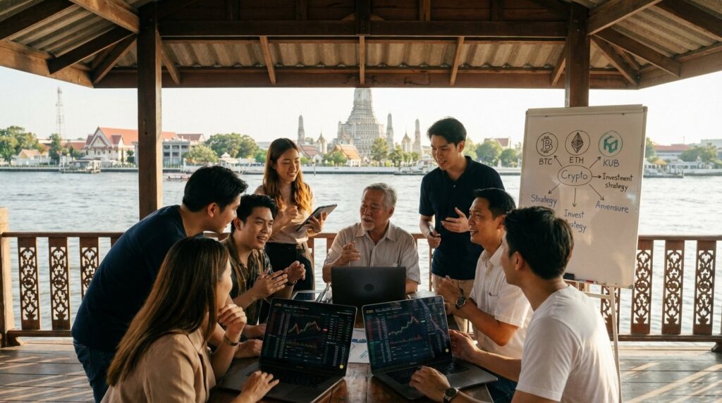 นักลงทุนชาวไทยช่วยกันศึกษาการลงทุน พื้นหลังไทย แชร์ความรู้กัน คริปโต realsitic cinematic