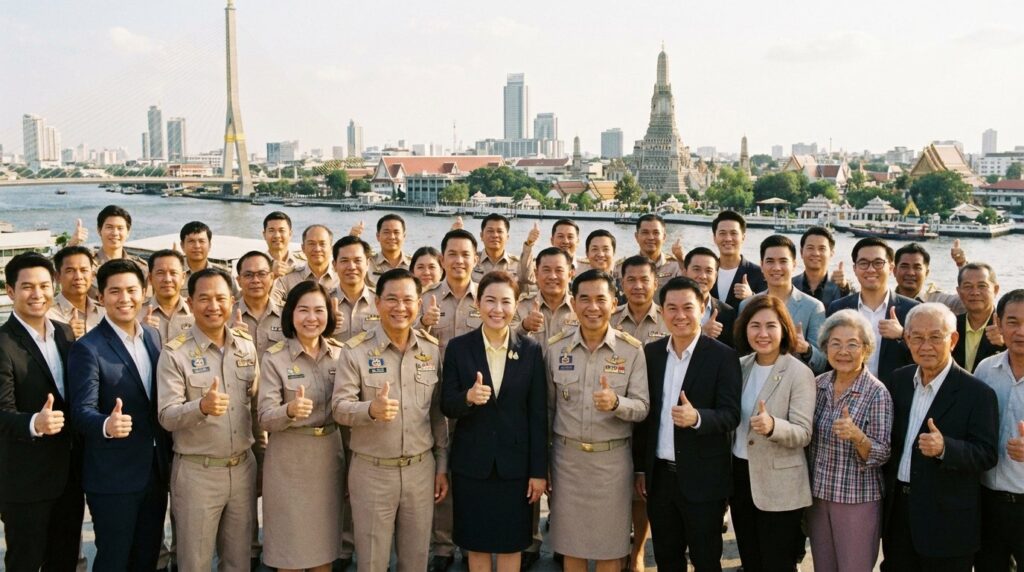 ราชการไทย และนักลงทุนไทย พื้นหลัง กรุงเทพขอแบบ ยกนิ้วยิ้มมีความสุขหลายๆคนยืนร่วมกันพร้อมช่วยกัน ราชการขอไม่เอาคนที่มีตัวตนจริ
