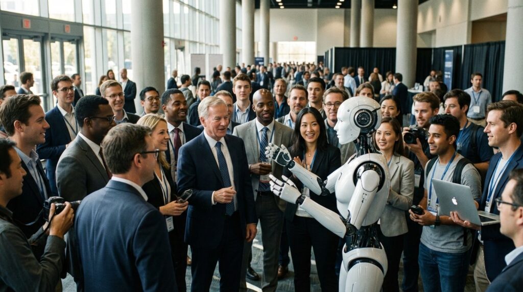 ภาพฝรั่งแห่สนใจ AI robot ทั้งนักลทุน developer หลายคน realistic cinematic no text