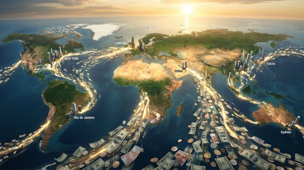 ภาพเงินไหลวิ่งไปประเทศต่างๆทั่วโลกแบบสุ่ม realistic cinematic