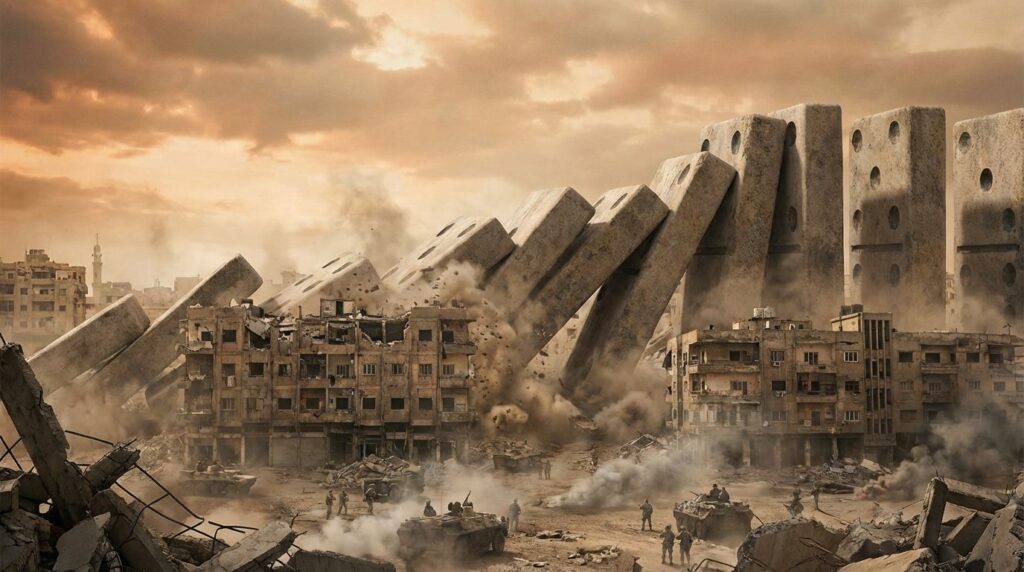 สร้างภาพ domino ที่กำลังล้มยักษ์กลางสงคราม ทับอสังหา  realistic cinematic no text