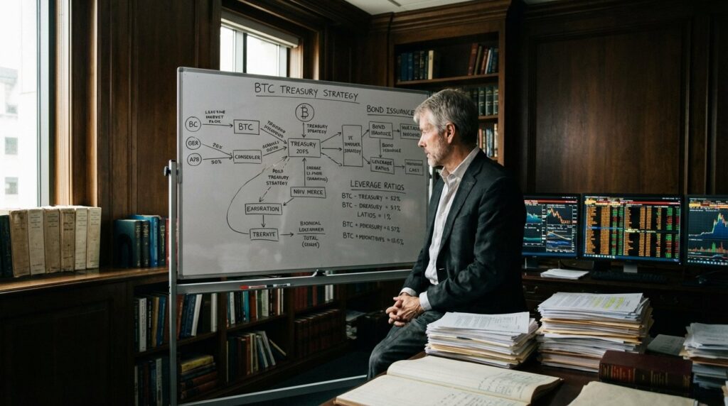 Michael Saylor กำลังวางแผน financial engineer จัดการเงินมาซื่อ bitcoin  realistic cinematic no text