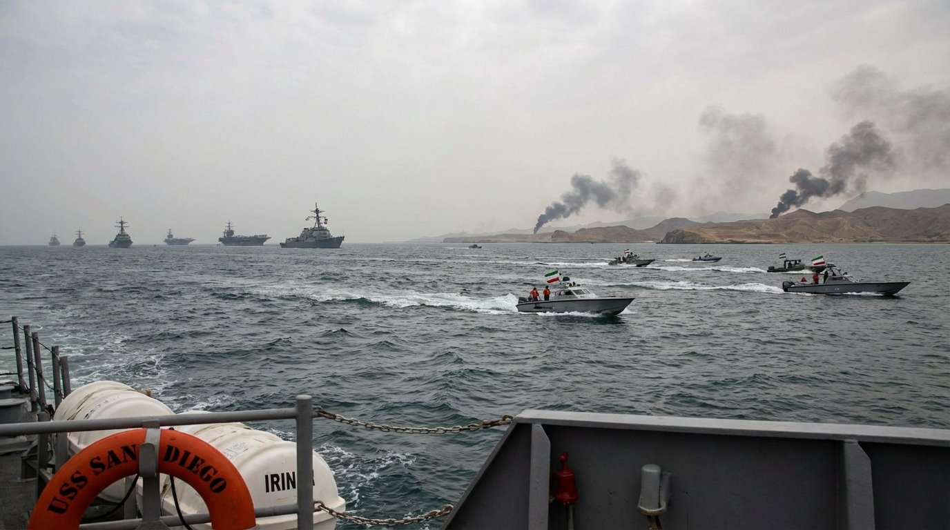a realistic photo of iran vs us war in the Strait of Hormuz