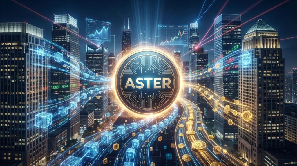 เงินจากตึกถาบันการเงิน ไหลมาสู่เหรียญ aster ใหญ่เอฟเฟค blockchain financial trading style realistic cinematic no text